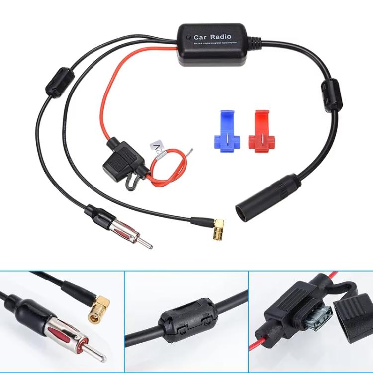 Car radio antenna signal amplifier kit with black module, leads, and gold RF plug.