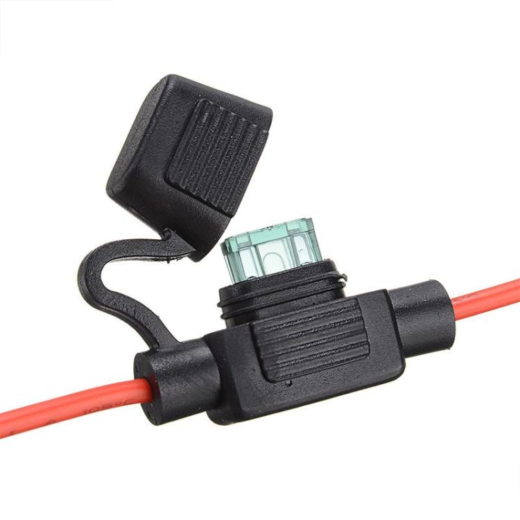Antenna signal amplifier module with black housing, red/black leads, and wiring clip.