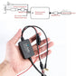 Antenna signal amplifier module with wiring harness and coax connectors held in hand.