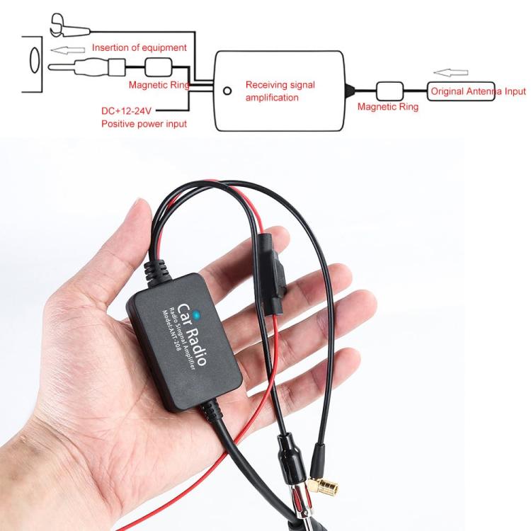 Antenna signal amplifier module with wiring harness and coax connectors held in hand.