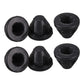 Six black rubber grommets with round bases and recessed mounting openings.