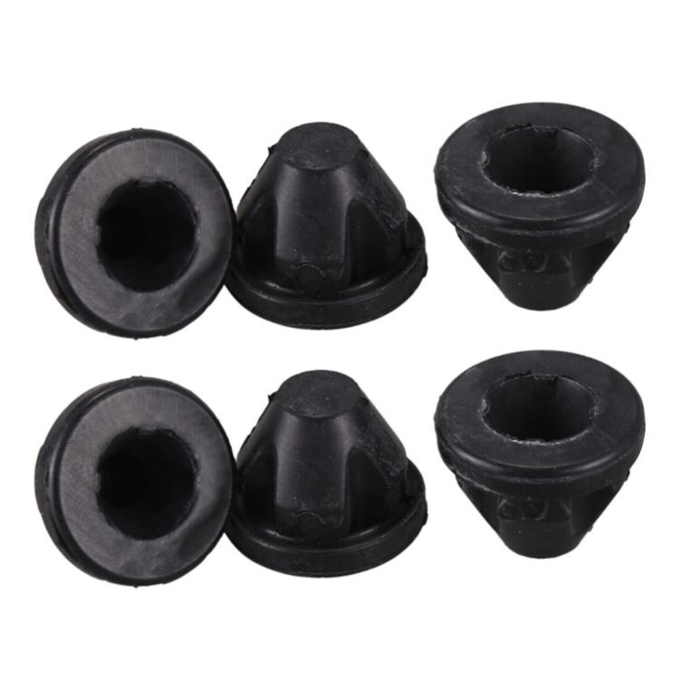 Six black rubber grommets with round bases and recessed mounting openings.