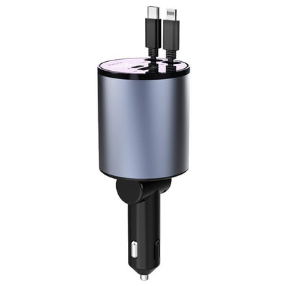 Retractable car cigarette lighter charger with dual USB ports and metal housing