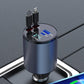 Retractable car charger with blue-lit USB ports and metal base for dashboard use