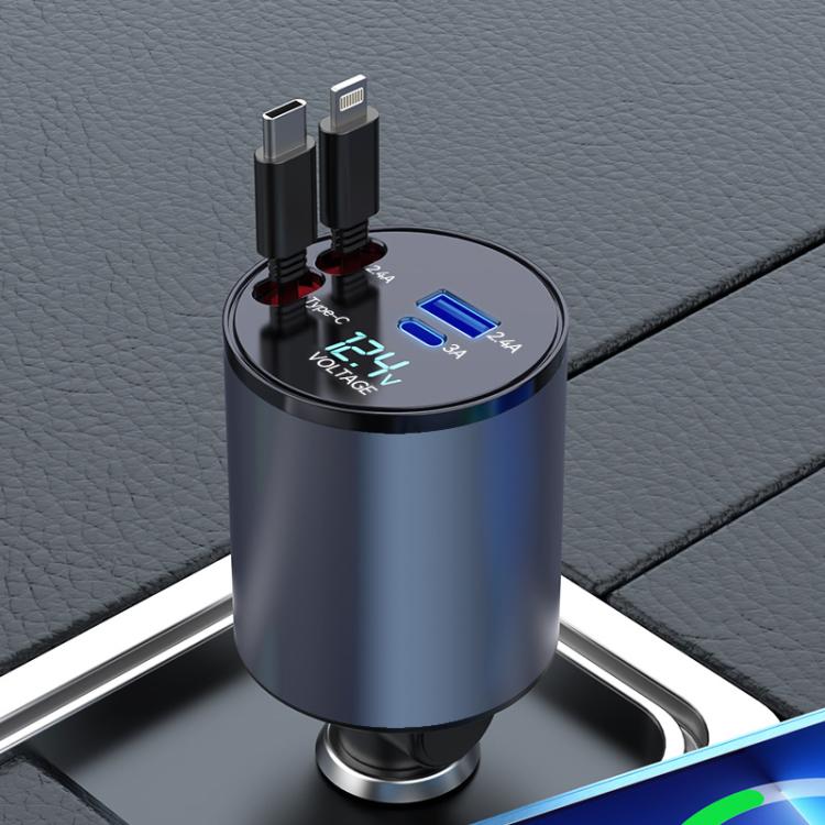 Retractable car charger with blue-lit USB ports and metal base for dashboard use