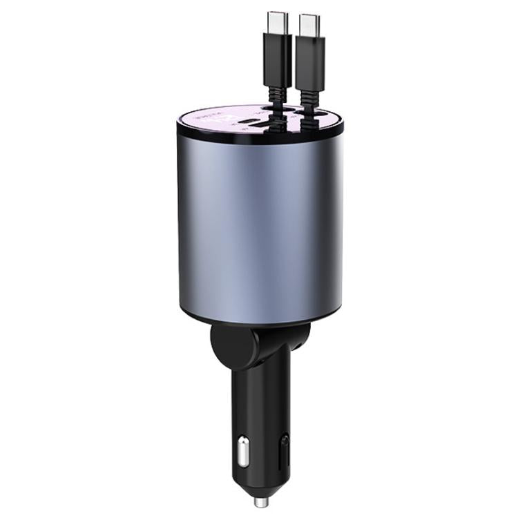 Retractable car cigarette lighter charger with dual USB ports and slim metal body