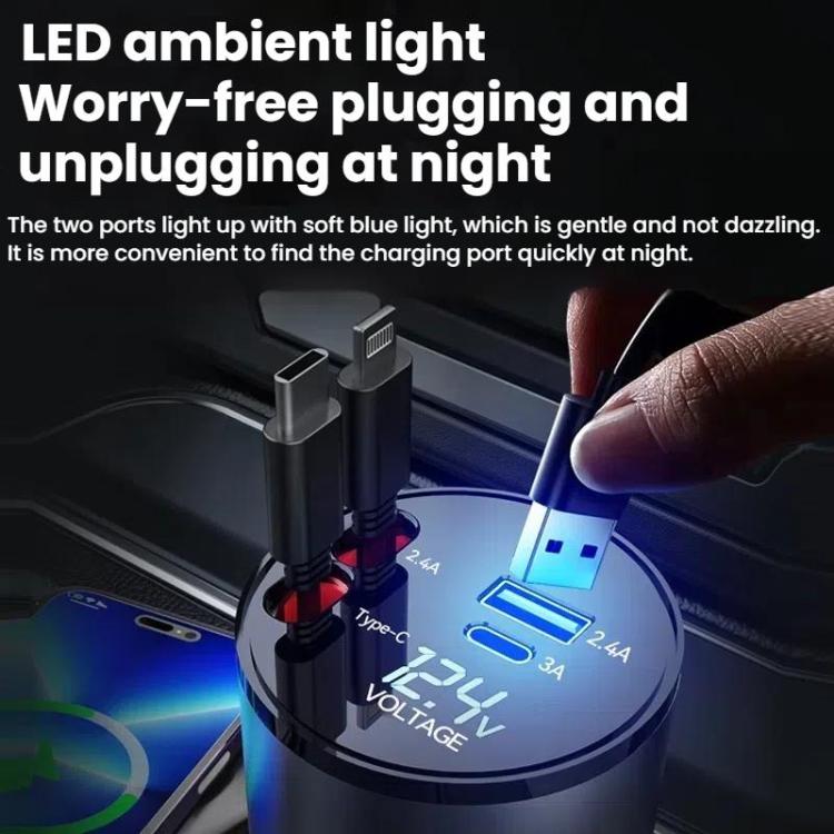 Car charger top with dual connectors and soft blue LED light for nighttime charging