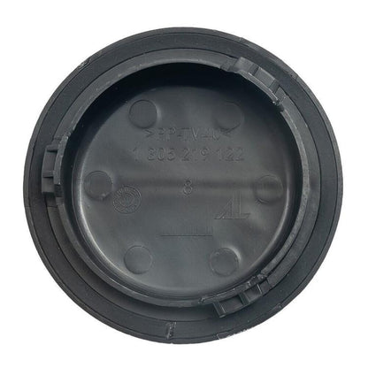 Headlight dust cover, 71 mm round black cap with molded markings and mounting clips