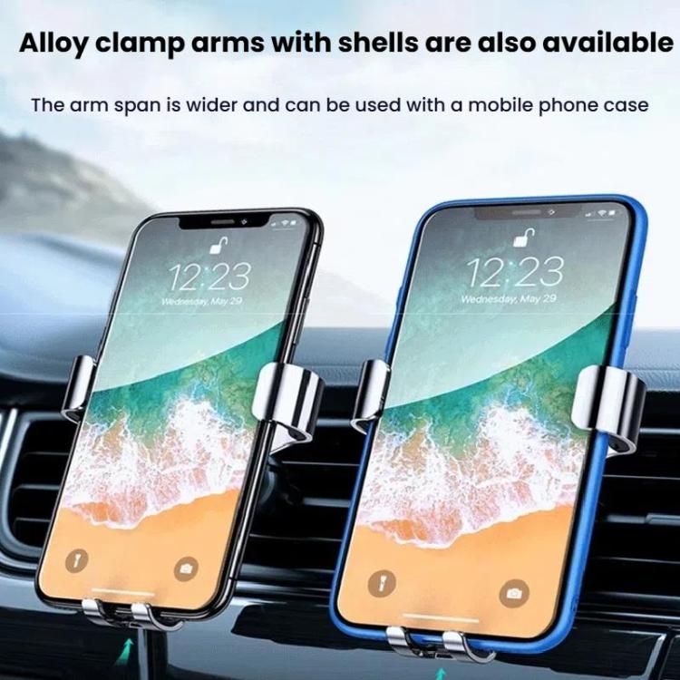 Air-vent phone holder with wide clamp arms and silver brackets holding phones