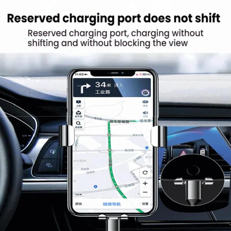 Air-vent phone holder with cradle attached to dash, showing charging area clearance