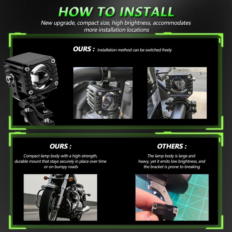 40W Motorcycle Wired Switch Integrated Waterproof Demon Eye Spotlight, Green Light