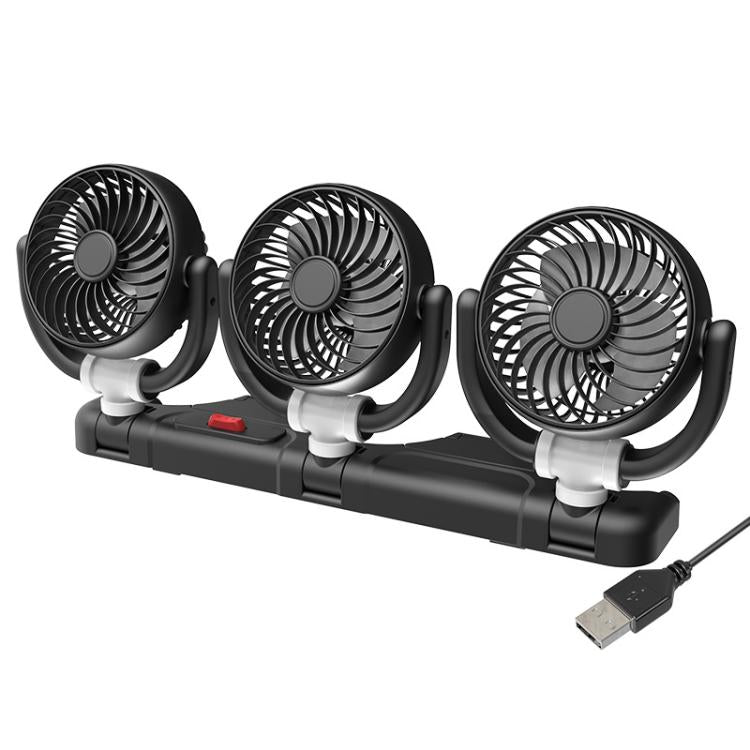 Black triple-head rotatable car fan with three circular fan heads and USB power cable