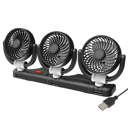 Black triple-head rotatable car fan with three circular fan heads and USB power cable