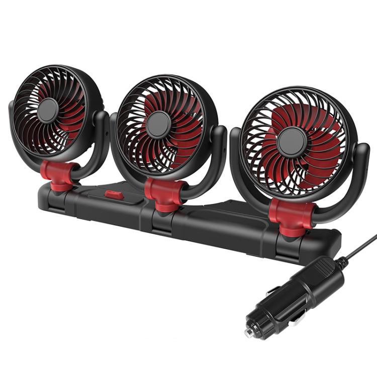 Black triple-head car fan with red bases and cigarette-lighter power plug