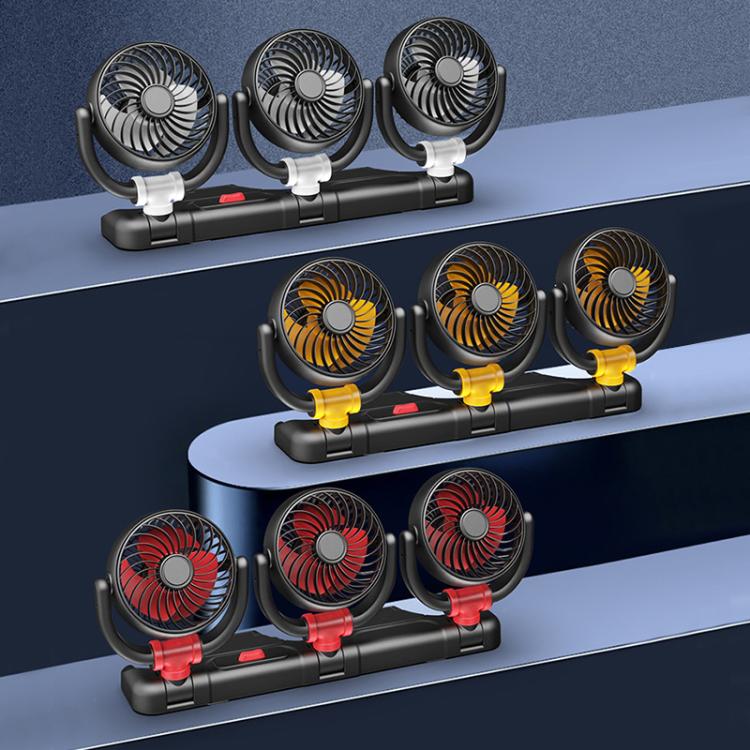 Black triple-head car fan set with three circular blades and adjustable U-shaped stands