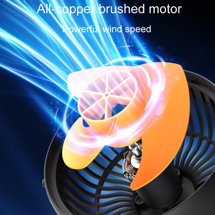 Triple-head car fan with orange housing and rotating black blades, close-up