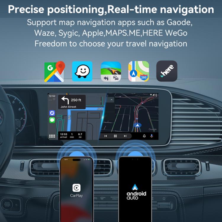 Wireless CarPlay/Android Auto adapter box with dual-port setup for car dashboard screen