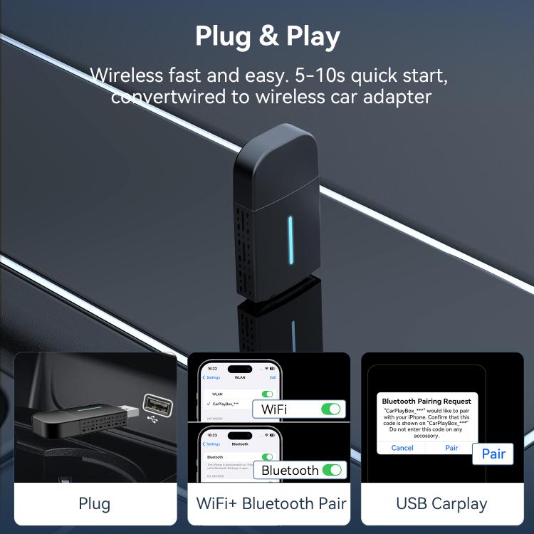 Car wireless CarPlay/Android adapter dongle with vented body and blue status bar