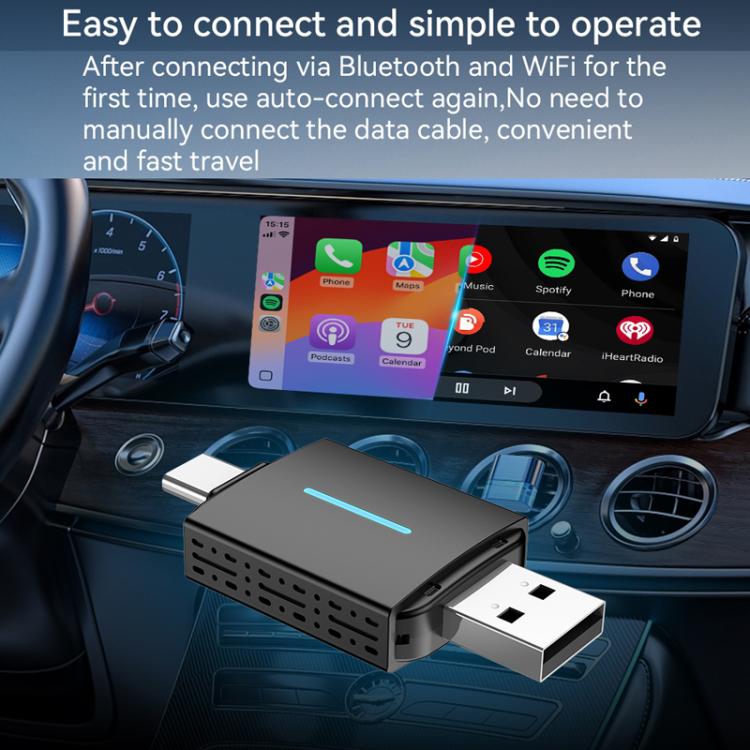 Car wireless CarPlay/Android adapter box with USB plug and blue indicator light