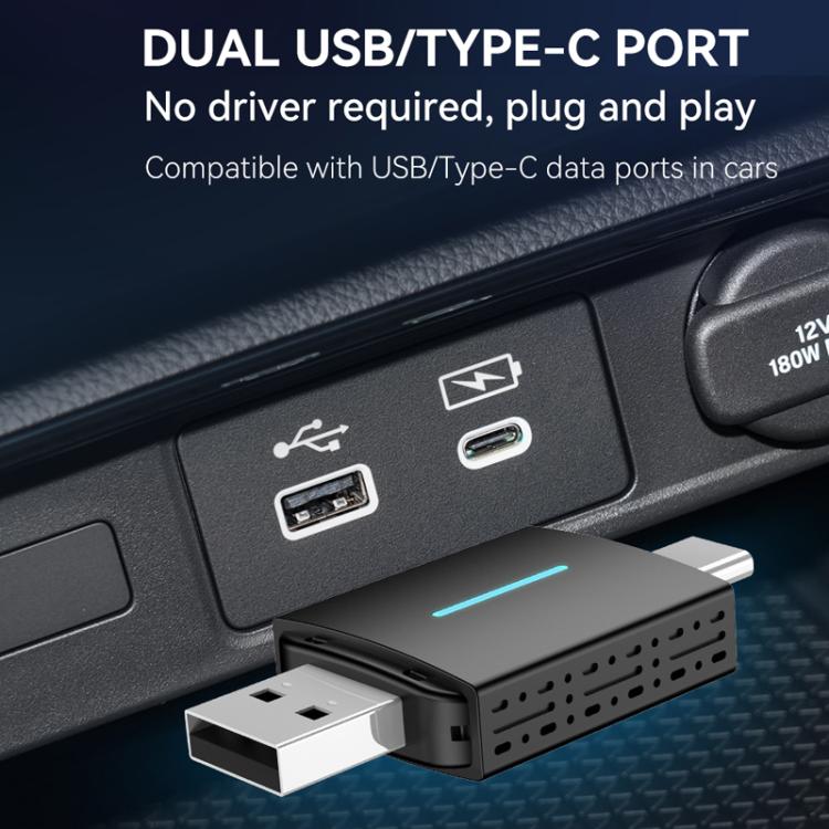 Car wireless adapter with dual USB/Type-C port connectors and vented housing