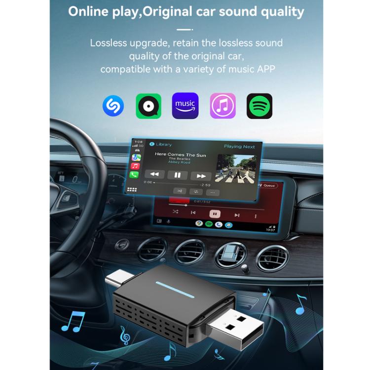 Car wireless CarPlay/Android adapter dongle with USB plug and blue status indicator