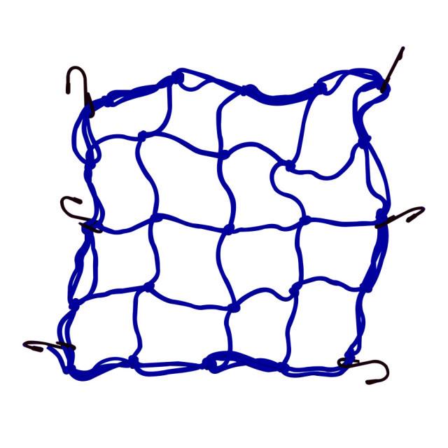 Blue elastic mesh fuel tank bag with 6 hook straps and expandable net design.