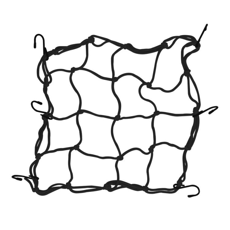 Black elastic mesh fuel tank bag with 6 hook straps and expandable net design.