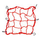 Red elastic mesh fuel tank bag with 6 hook straps and expandable net design.