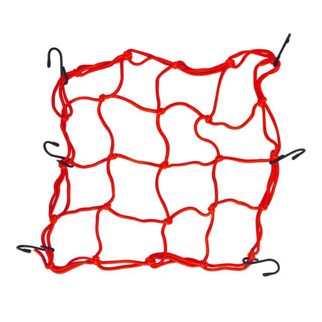Red elastic mesh fuel tank bag with 6 hook straps and expandable net design.
