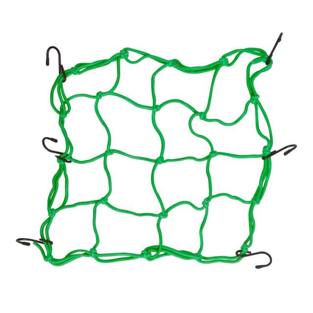 Green elastic mesh fuel tank bag with 6 hook straps and expandable net design.