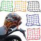 Expandable elastic mesh fuel tank bags in green, orange, black, and blue with hooks.