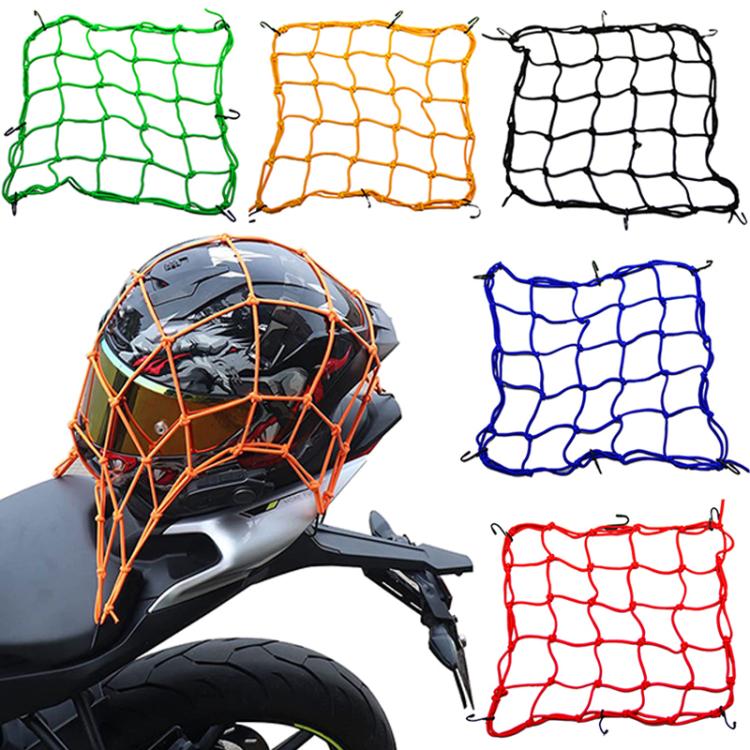Expandable elastic mesh fuel tank bags in green, orange, black, and blue with hooks.