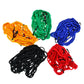 Elastic webbing strap cords with hook ends in orange, green, blue, black, and red.