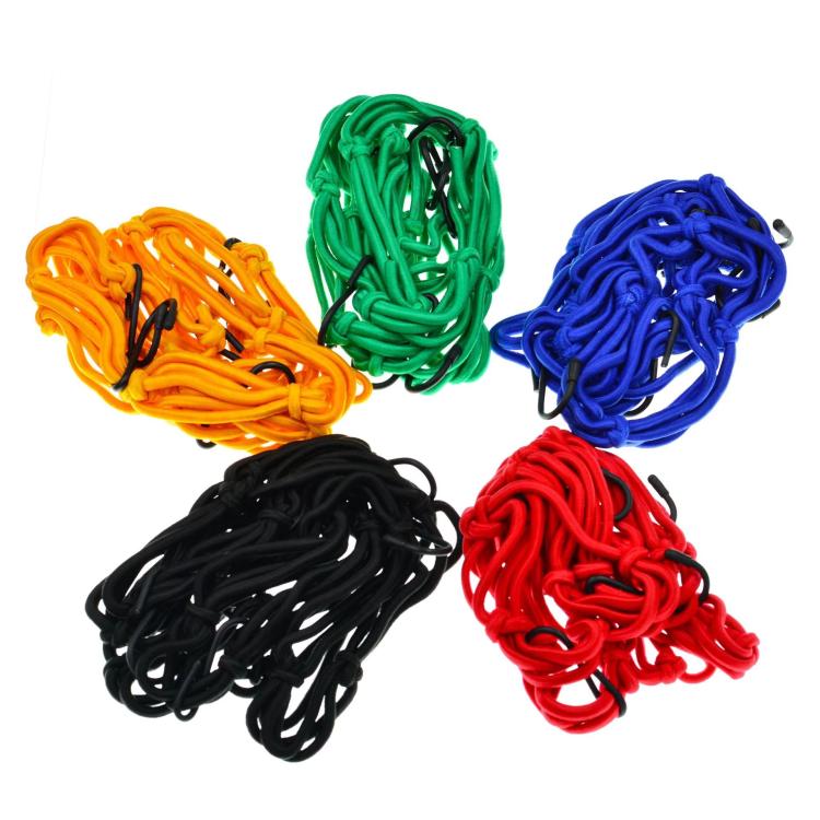 Elastic webbing strap cords with hook ends in orange, green, blue, black, and red.