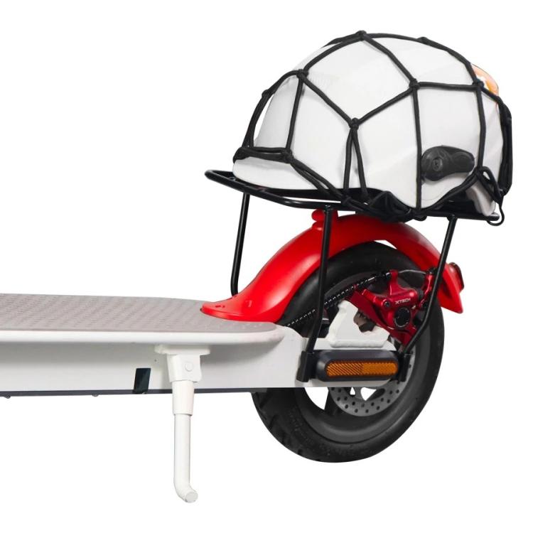 Black expandable mesh fuel tank bag with hook straps mounted on a scooter.