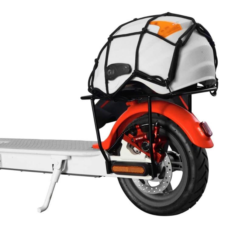 Black and orange expandable mesh fuel tank bag with hook straps mounted on a scooter.