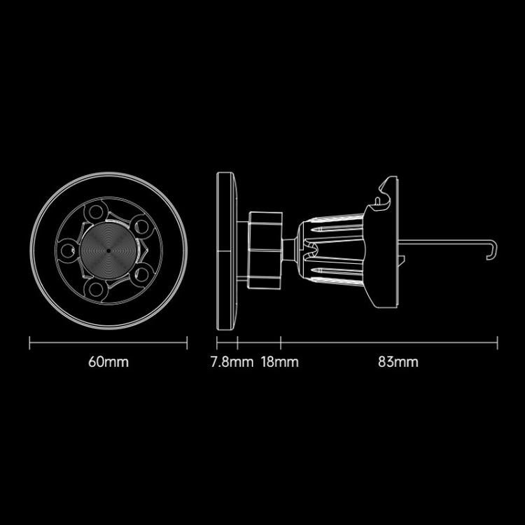 Magnetic phone holder hardware diagram with car vent hook and magnet ring, with measurements
