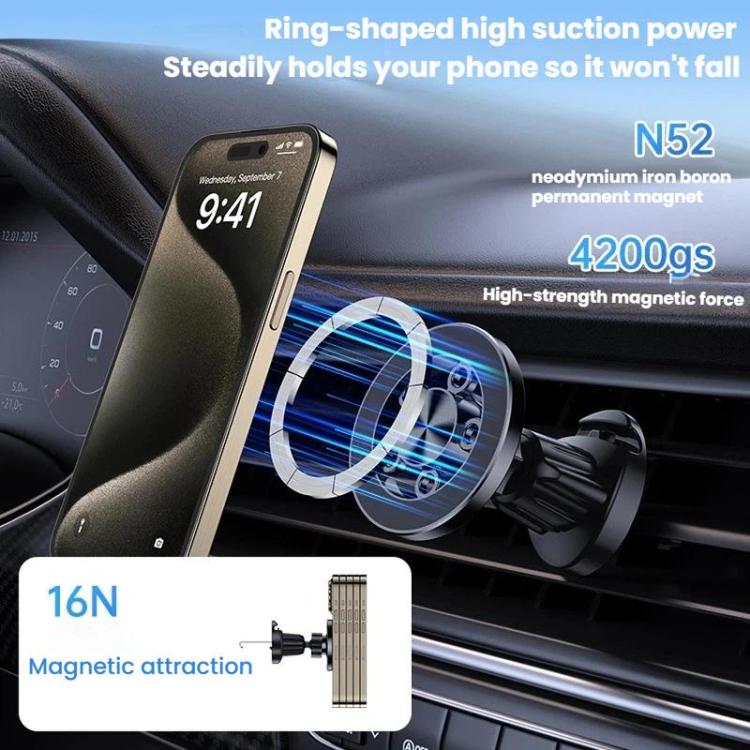Ring-style magnetic car phone holder with circular metal pad and vent clip