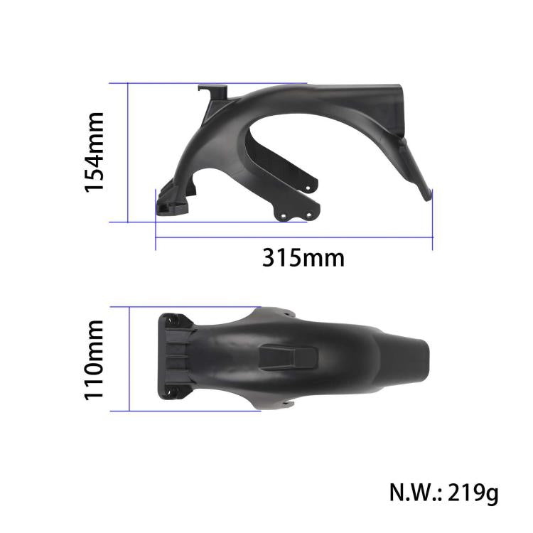 Black rear scooter fender with hook, showing product dimensions