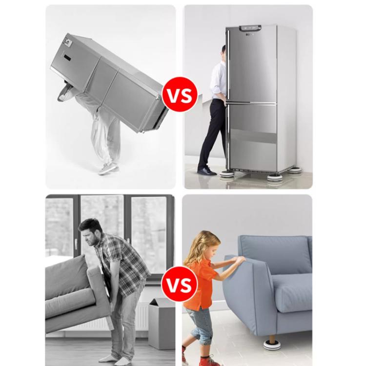 Furniture mover tool under furniture legs in side-by-side comparison panels