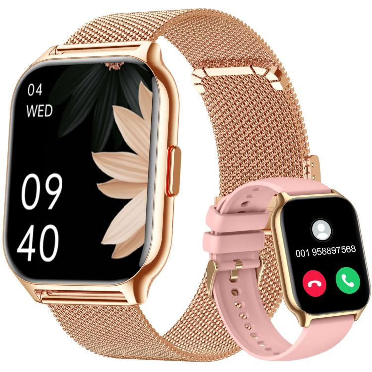 Gold-tone square smartwatch with pink silicone band and matching mesh metal loop band