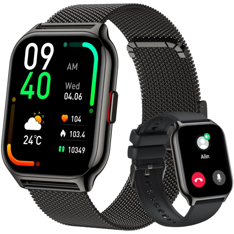Black square smartwatch with black silicone band and matching mesh metal loop band