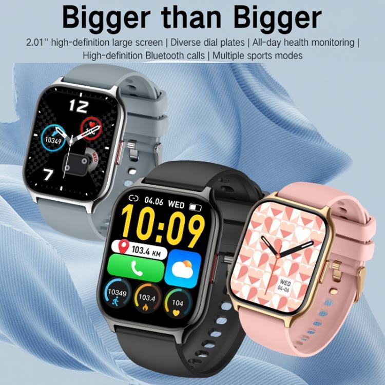 Square smartwatch with interchangeable sport bands in gray, black, and pink