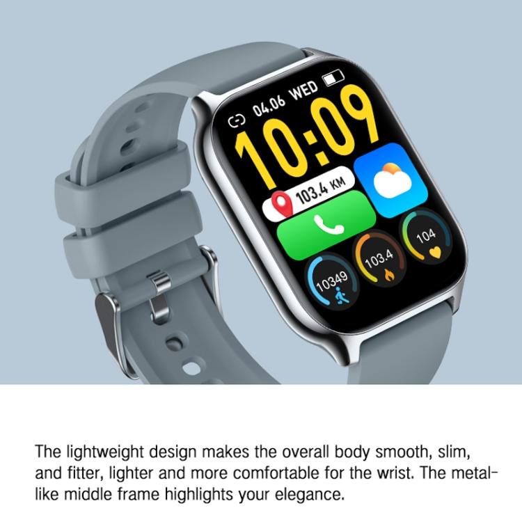 Square smartwatch with silver-tone case and gray silicone band displaying a colorful app screen