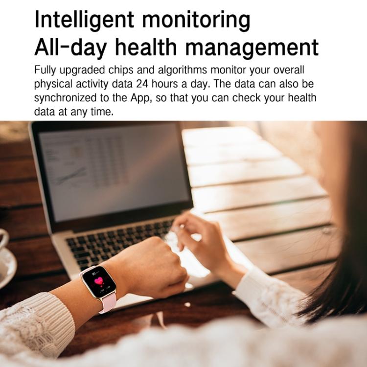 Gold-tone square smartwatch with pink band worn on a wrist