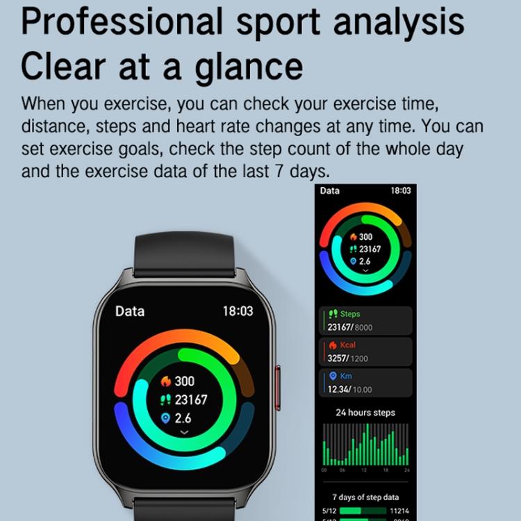 Square smartwatch with dark case displaying colorful activity rings and fitness stats