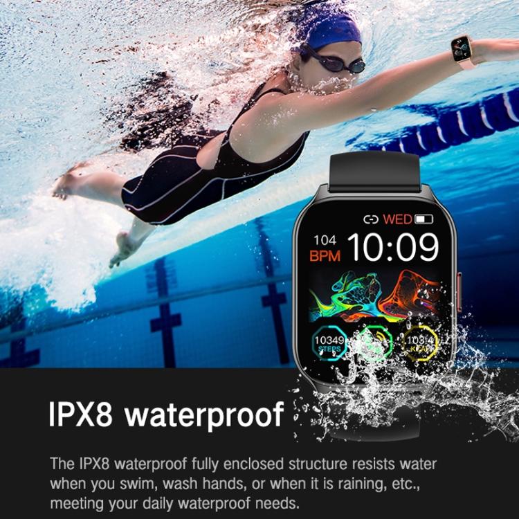 Black square smartwatch displaying heart rate and activity data, shown with a swimmer