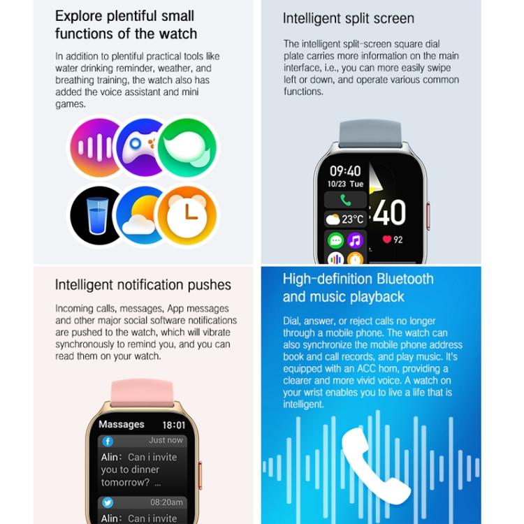 Square smartwatch feature collage showing gray and pink bands, notifications, and app screens