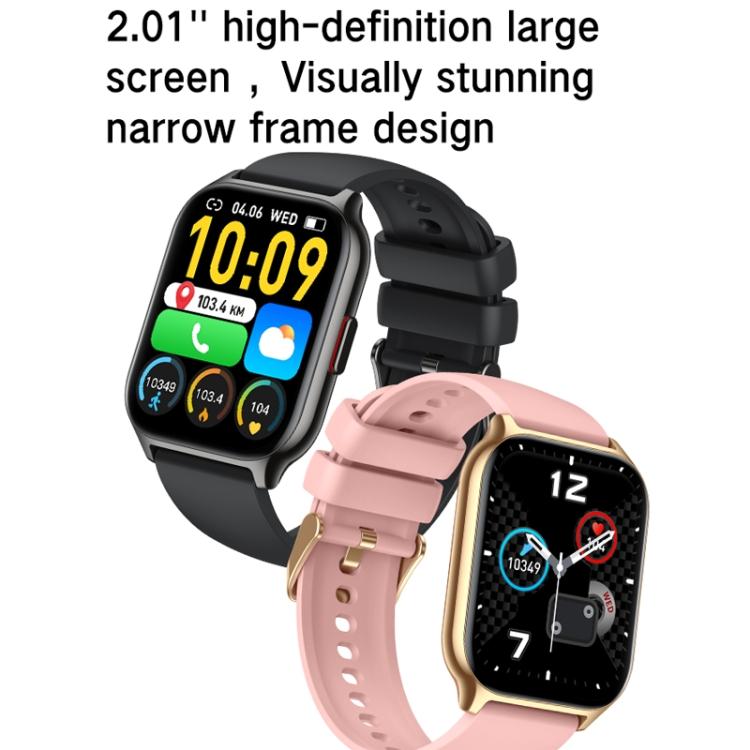 Black and pink square smartwatches with silicone bands and gold-tone case trim