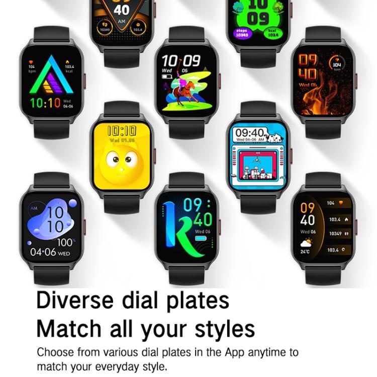 Square smartwatch display showing a selection of colorful customizable watch faces